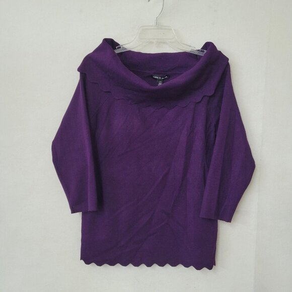 Cable & Gauge Sweater Women L Purple Off- Shoulder Wide Collar Scalloped Hem New - Picture 1 of 13